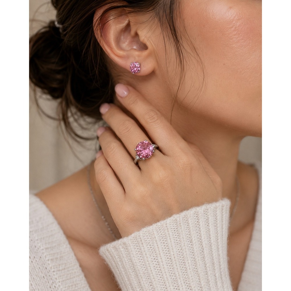 Stainless Steel Ring & Earring Set 15mm Pink CZ Ring (Size 10) & 8mm Stud